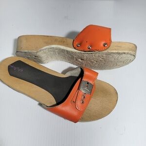 Dr Scholls vintage wooden slip on clog sandals arch support orange size 5 6 7